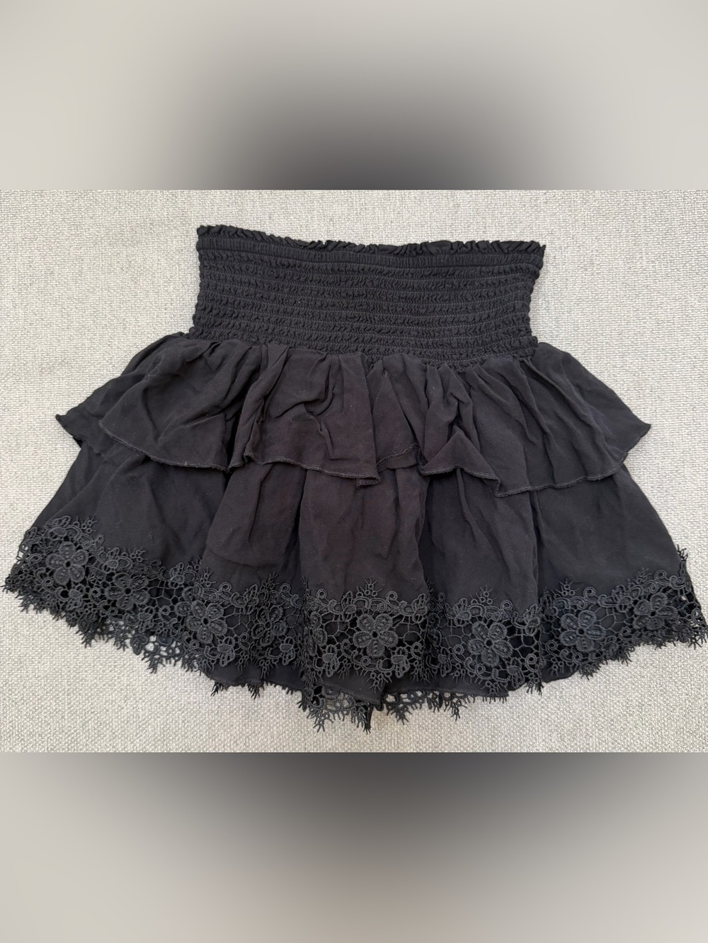 KatieJ Black Tiered Lace-Hem Smocked Mini Skirt